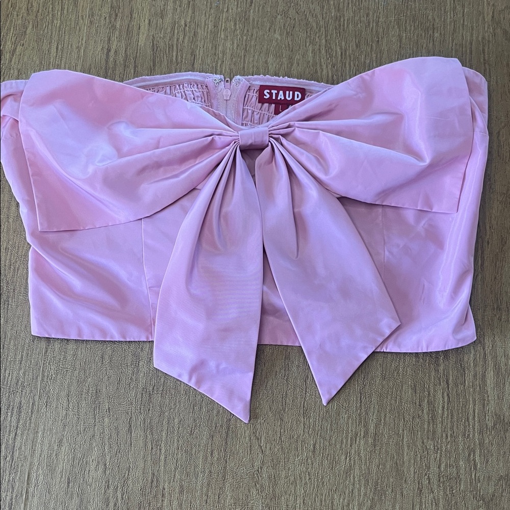 STAUD Dusty Pink Strapless Bow Crop Top, Satin Fabric, Stretchy Back, Sz L - Picture 2 of 11